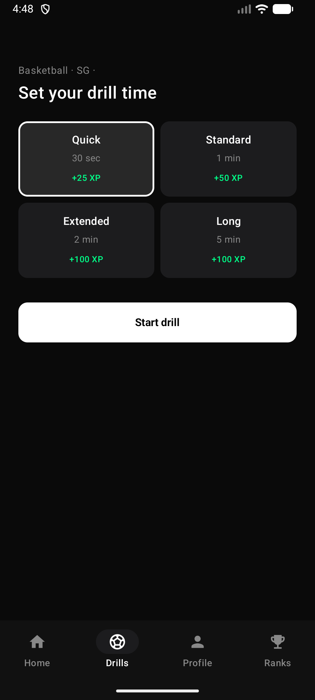 choosing a drill length in the app