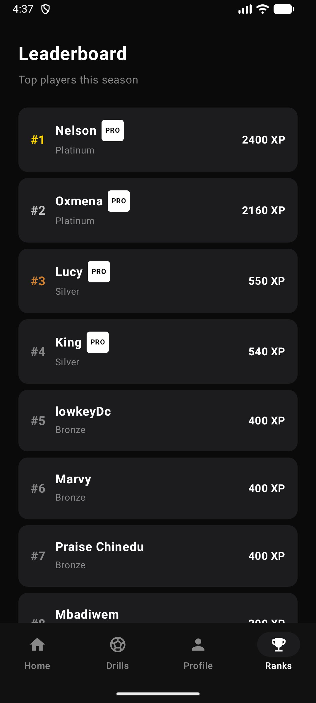 Leaderboard screen